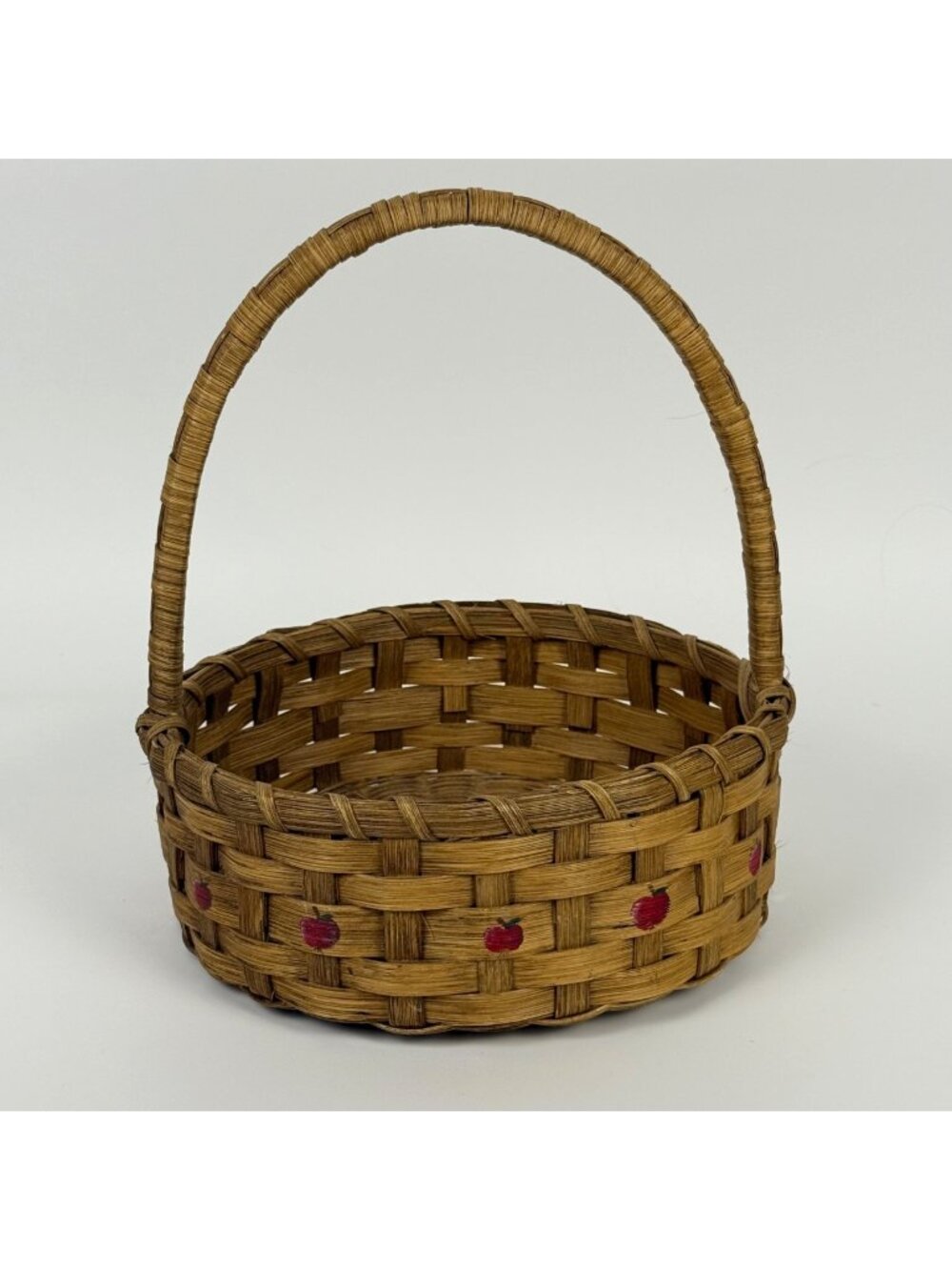 Hand-Woven Round Basket with Handle Signed Hand-Painted Apple Embellishment
